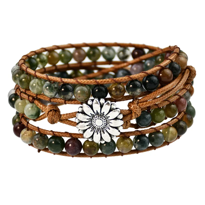 Classical Vintage Style Flower Alloy Natural Stone Rope Beaded Knitting Bracelets