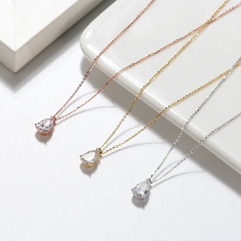 925 Sterling Silver Plated Zircon Polishing Plating Inlay Water Droplets Pendant Necklace