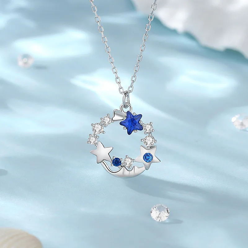 925 Sterling Silver Zircon Cable Chain Plating Inlay Star Sea Wave Pendant Necklace