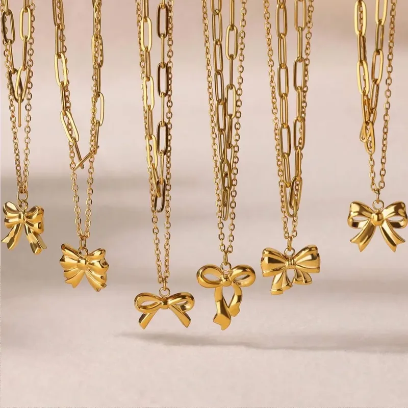 Wholesale Jewelry Elegant Streetwear Bow Knot 304 Stainless Steel Plating Double Layer Necklaces