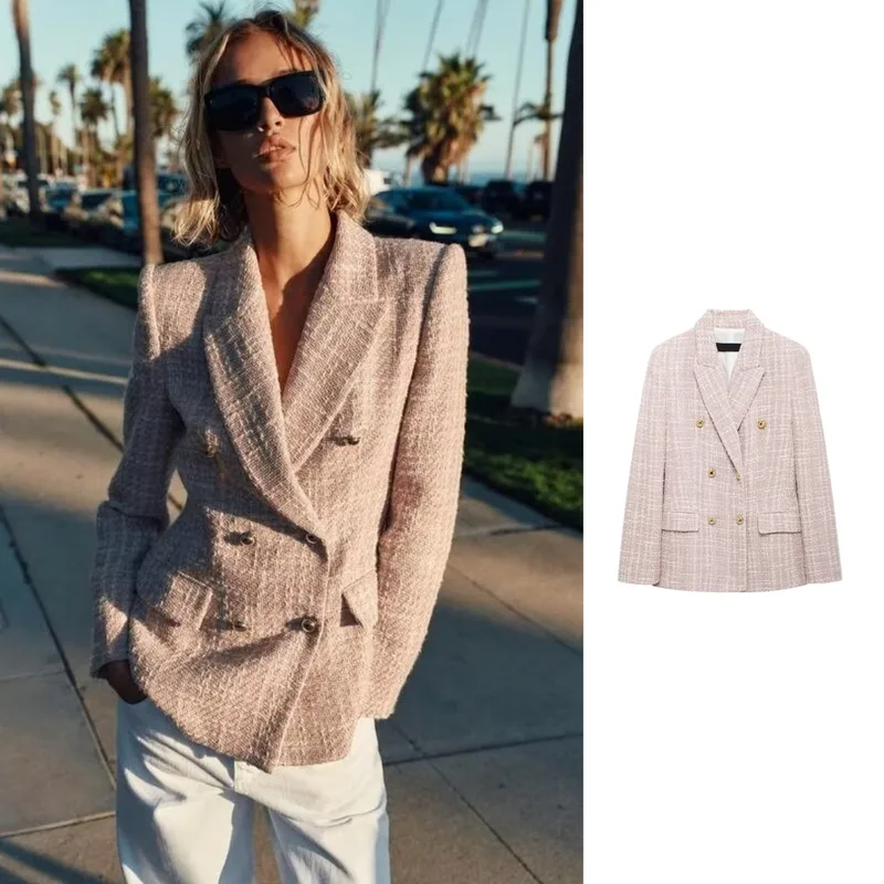 Women's Casual Elegant Plaid Button Double Breasted Blazer