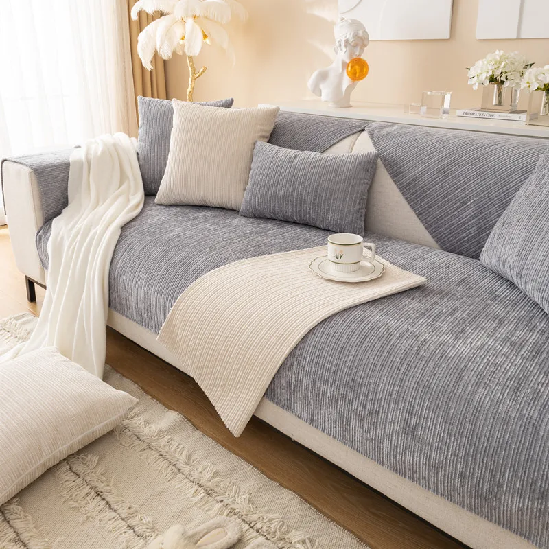 Winter New Plush Sofa Cushion Modern Simple Non-slip Solid Color Corduroy Striped Sofa Cushion Towel Wholesale
