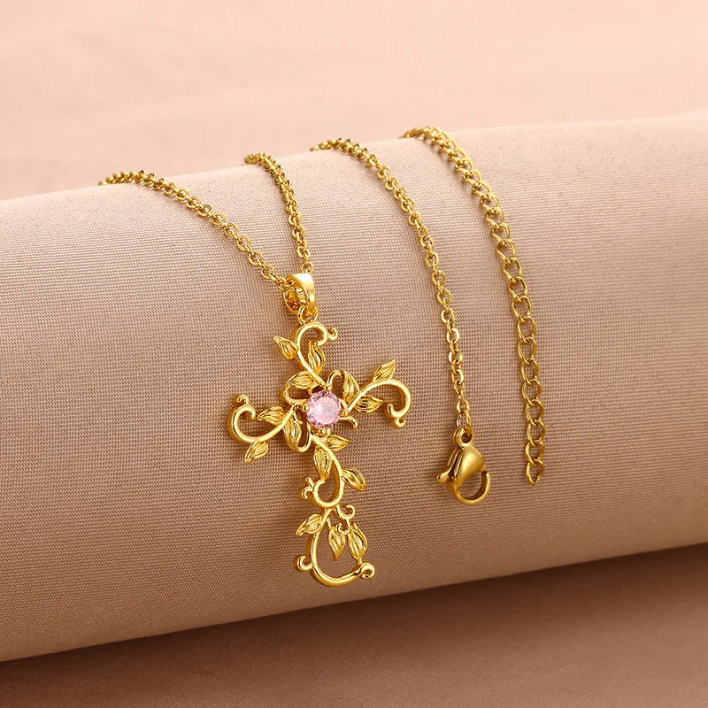 Original Fashion Design Temperament Copper Micro Inlaid Zircon Cross Petal Pendant Women's Necklace Ins Clavicle Chain 18K Real Gold Electroplating