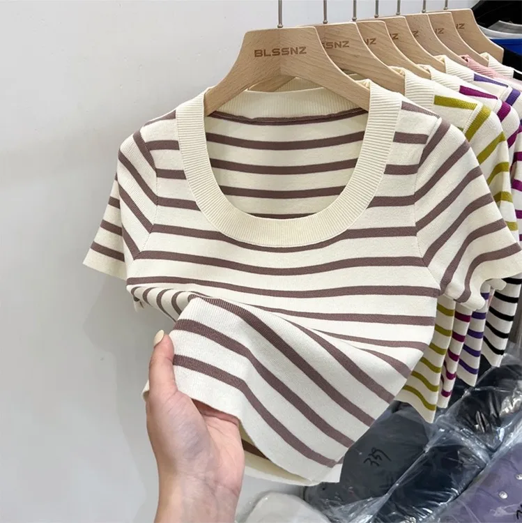 Women's Knitwear Short Sleeve Sweaters & Cardigans Casual Preppy Style Stripe