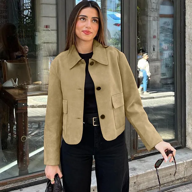 Women's Streetwear Solid Color Faux Suede Single Breasted Casual Jacket