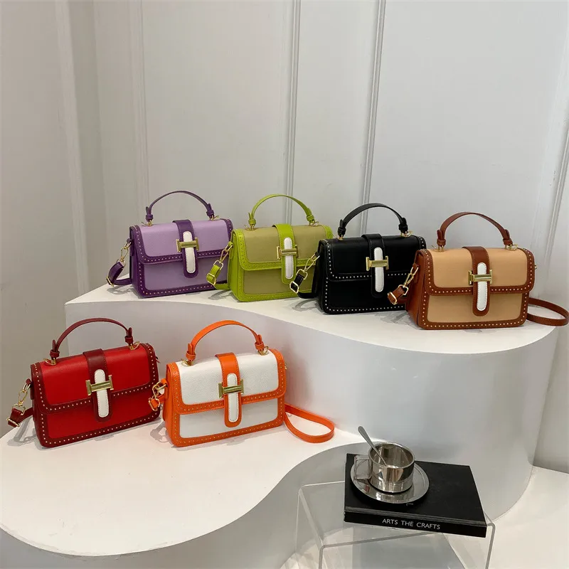 Women's Small Pu Leather Color Block Streetwear Square Magnetic Buckle Shoulder Bag Handbag Crossbody Bag