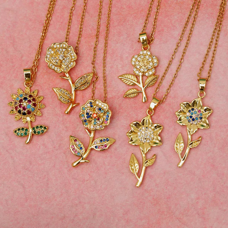 Copper 18K Gold Plated Inlay Sunflower Zircon Pendant Necklace