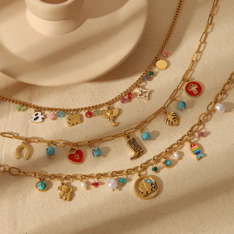 Wholesale Jewelry Basic Bohemian Elephant Flower Boots 304 Stainless Steel Artificial Pearls Natural Stone 18K Gold Plated Epoxy Pendant Necklace