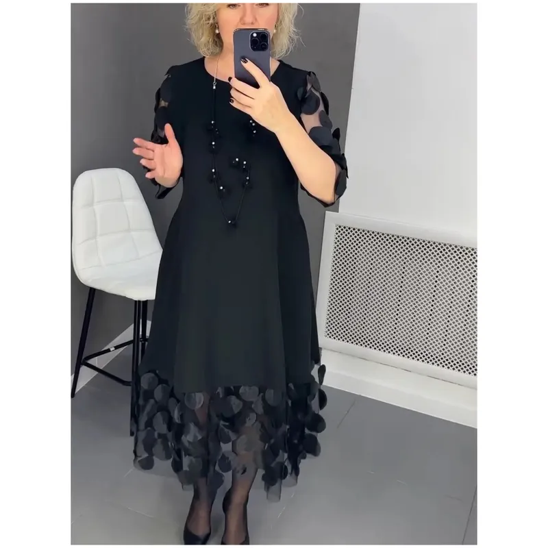 Women's Regular Dress Elegant Round Neck 3/4 Length Sleeve Circle Solid Color Midi Dress Casual Daily