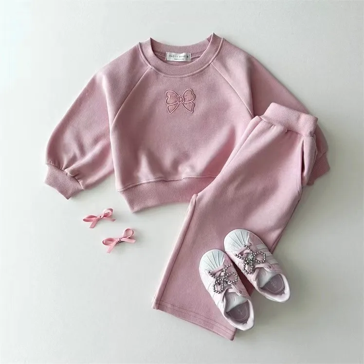 Casual Solid Color Bow Knot Cotton Girls Clothing Sets