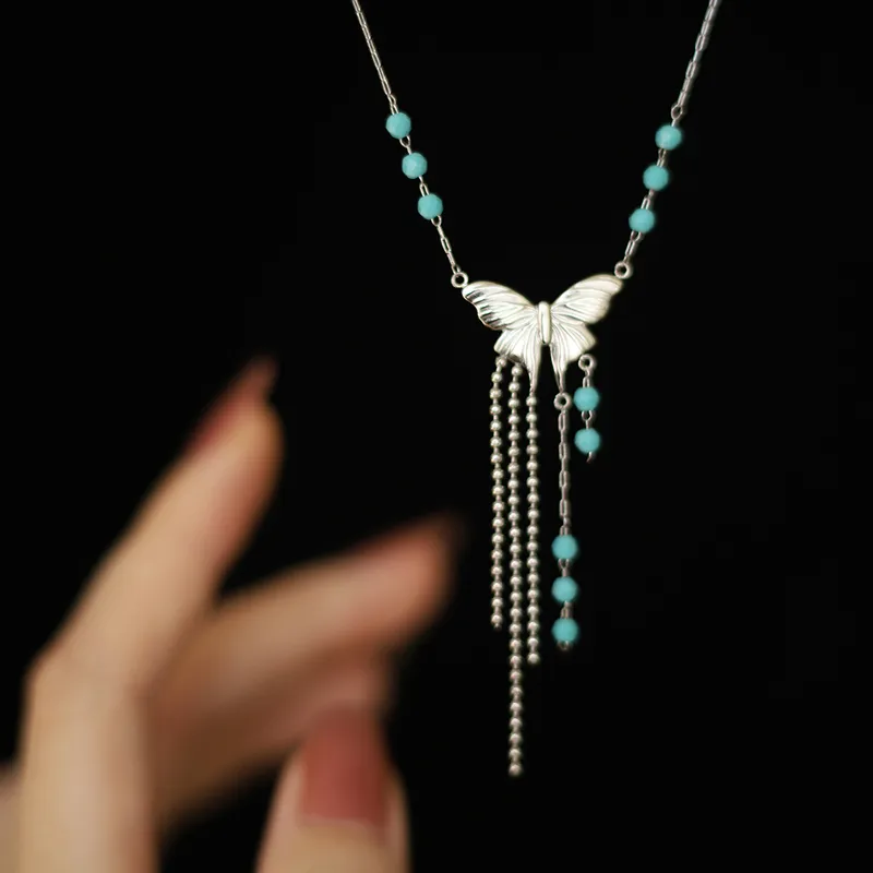 Wholesale Jewelry Ethnic Style Artistic Butterfly 304 Stainless Steel Glass Necklace