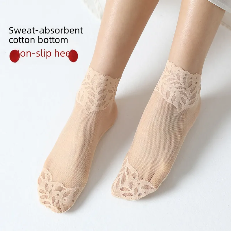 Socks Women's Spring And Autumn Thin Silk Stockings Cotton Bottom Summer Breathable Mesh Medium Socks  Trendy Lace Socks