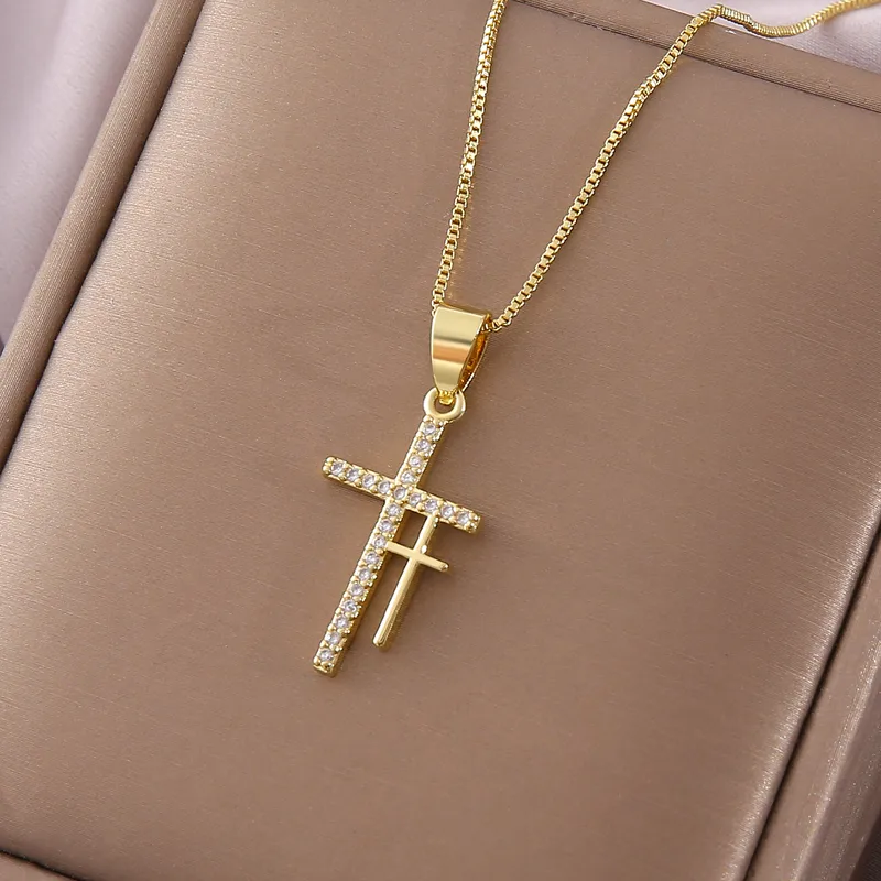 Hot Sale Double Cross Pendant Fashion New Copper Plated White Zircon Religious Necklace