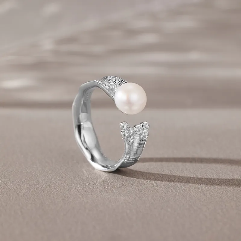 18K Gold Plated White Gold Plated 925 Sterling Silver Pearl Zircon Geometric Open Rings