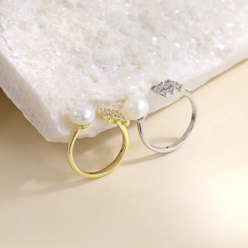 18K Gold Plated White Gold Plated 925 Sterling Silver Pearl Zircon Geometric Open Rings