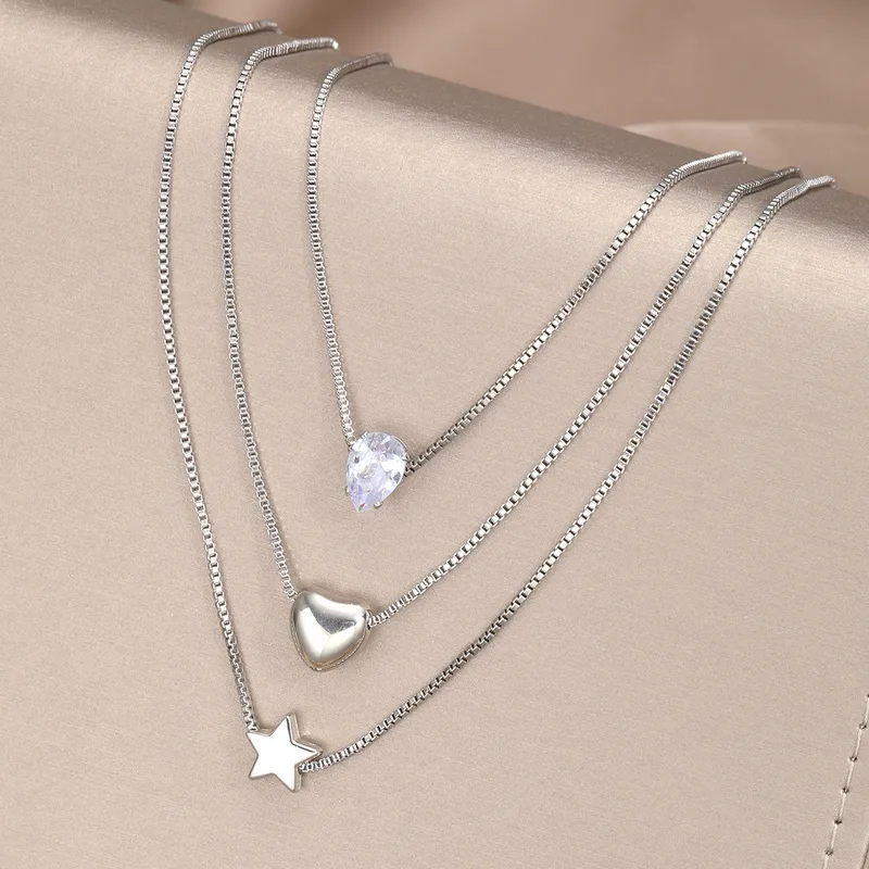 Simple Style Star Water Droplets Heart Shape White Gold Plated Zircon Alloy Wholesale Pendant Necklace