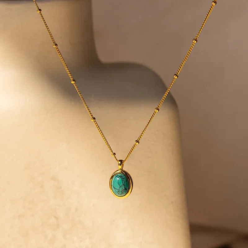 Wholesale Jewelry Simple Style Streetwear Oval 201 Stainless Steel 304 Stainless Steel Natural Stone 18K Gold Plated Inlay Pendant Necklace