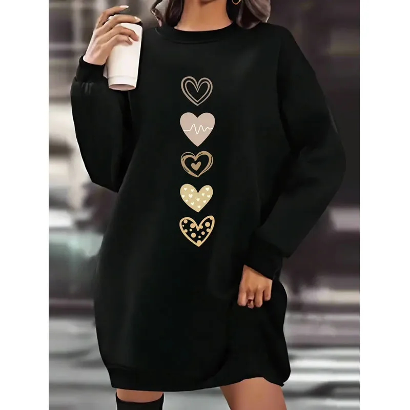 Women's Regular Dress Casual Round Neck Long Sleeve Cartoon Heart Shape Knee-Length Daily