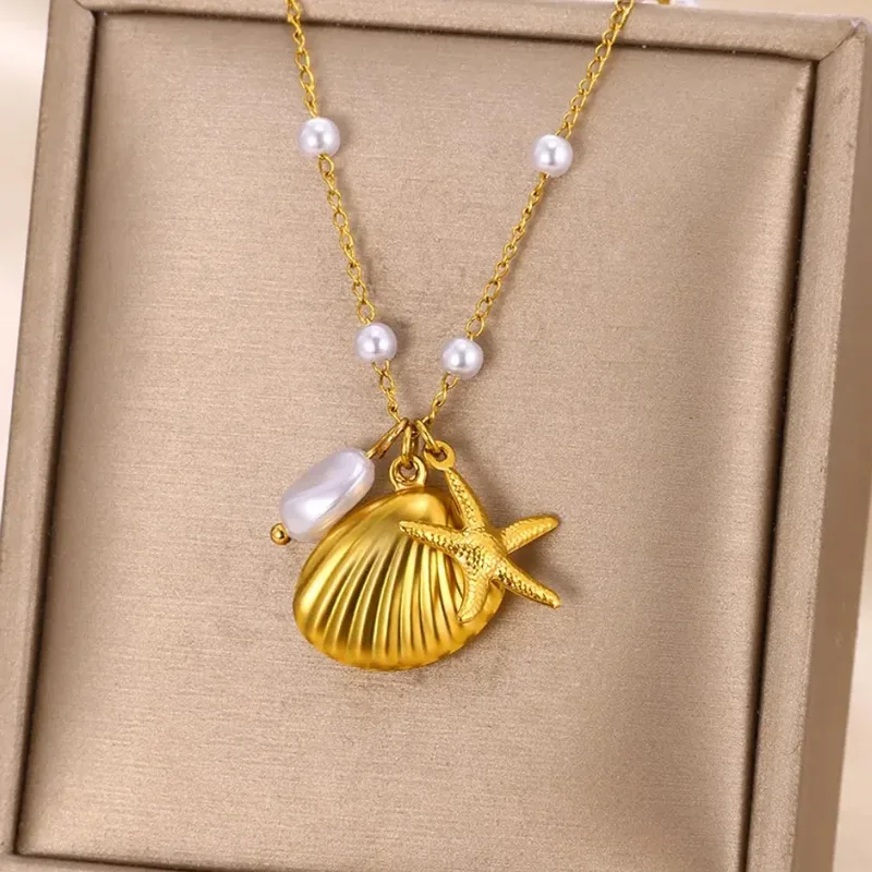 304 Stainless Steel 18K Gold Plated Starfish Shell Pendant Necklace