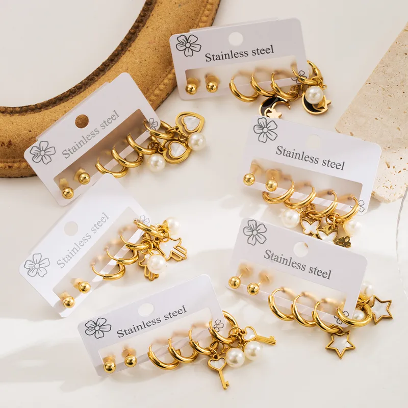 3 Pairs Simple Style Star Heart Shape Butterfly Plating Inlay 304 Stainless Steel Pearl 18K Gold Plated Drop Earrings Earrings Ear Studs