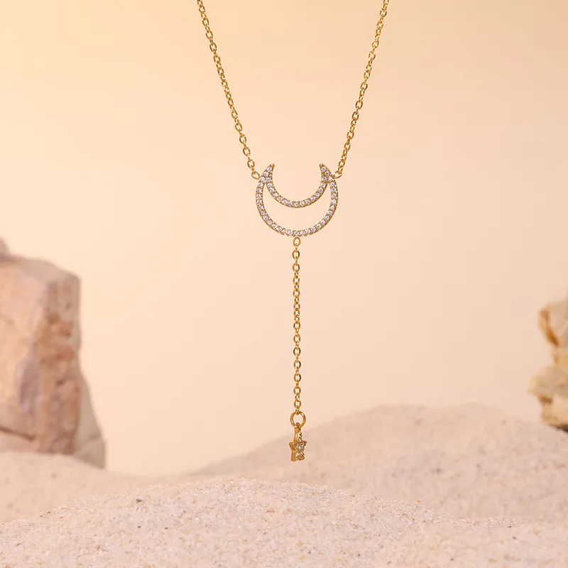 Wholesale Jewelry Elegant Luxurious Vacation Moon Titanium Steel Rhinestones 18K Gold Plated Plating Jewelry Set