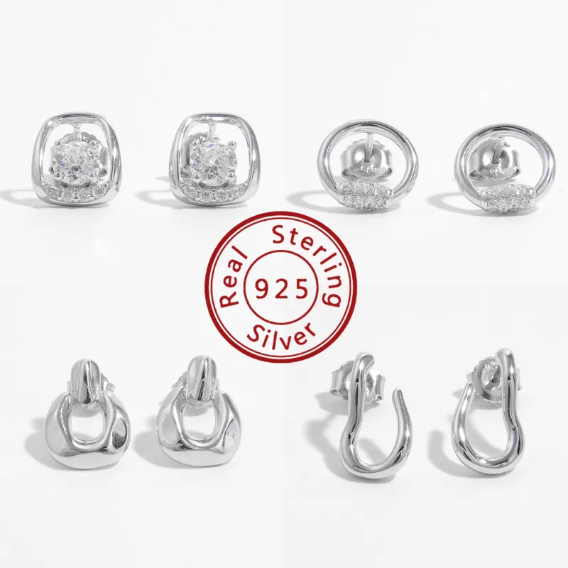 1 Pair White Gold Plated 925 Sterling Silver Zircon Semicircle Ear Studs