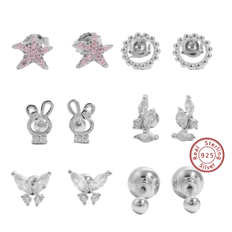 1 Pair White Gold Plated 925 Sterling Silver Zircon Rabbit Round Star Ear Studs