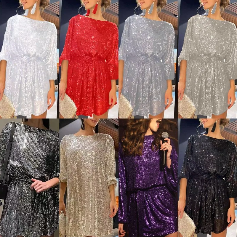 Fashionable Sequin Color Cinched Waist Dress Small Dinner Dress Holiday Party Elegant Long Ankle Fairy Skirt Polyester Fabric