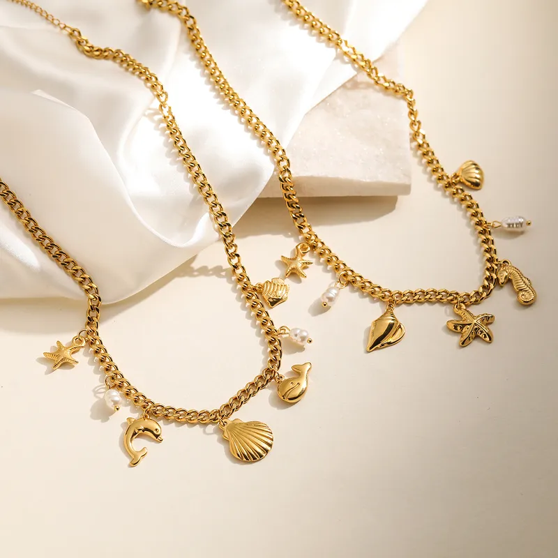 Wholesale Jewelry Retro Vacation Beach Dolphin Hippocampus Shell 304 Stainless Steel Multi Charms Necklace