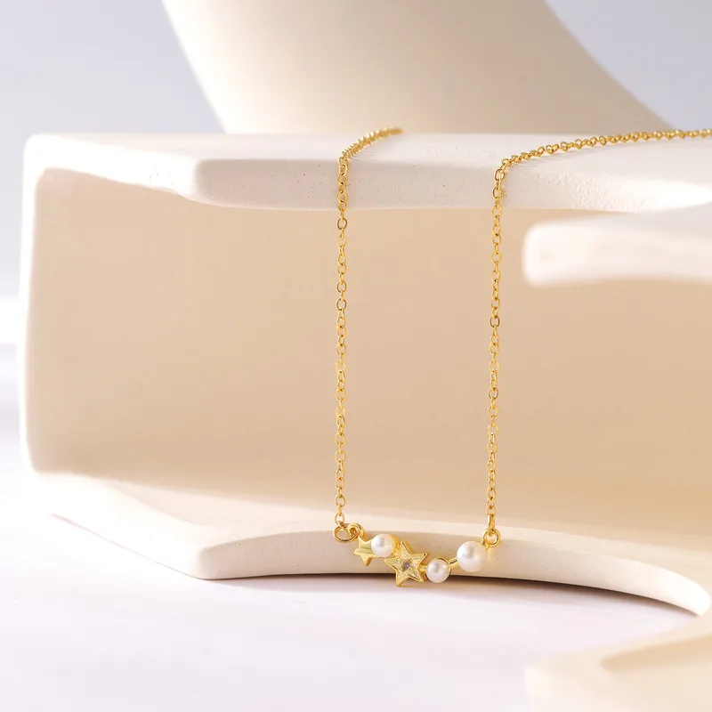 Wholesale Jewelry IG Style Star 304 Stainless Steel Artificial Pearls Moissanite 18K Gold Plated Inlay Necklace