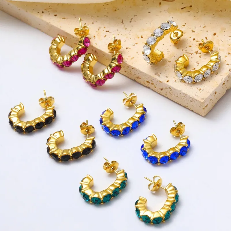 1 Pair IG Style Geometric Inlay 304 Stainless Steel Rhinestones 14K Gold Plated Ear Studs