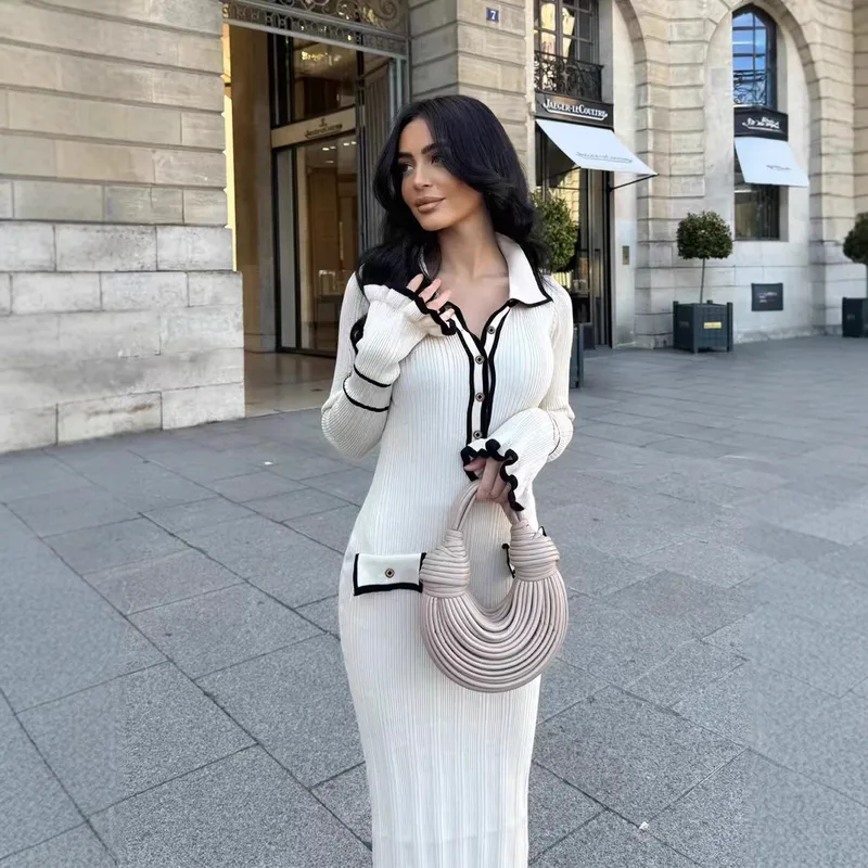 Women's Sheath Dress Elegant Turndown Buckle Long Sleeve Lines Midi Dress Holiday Daily