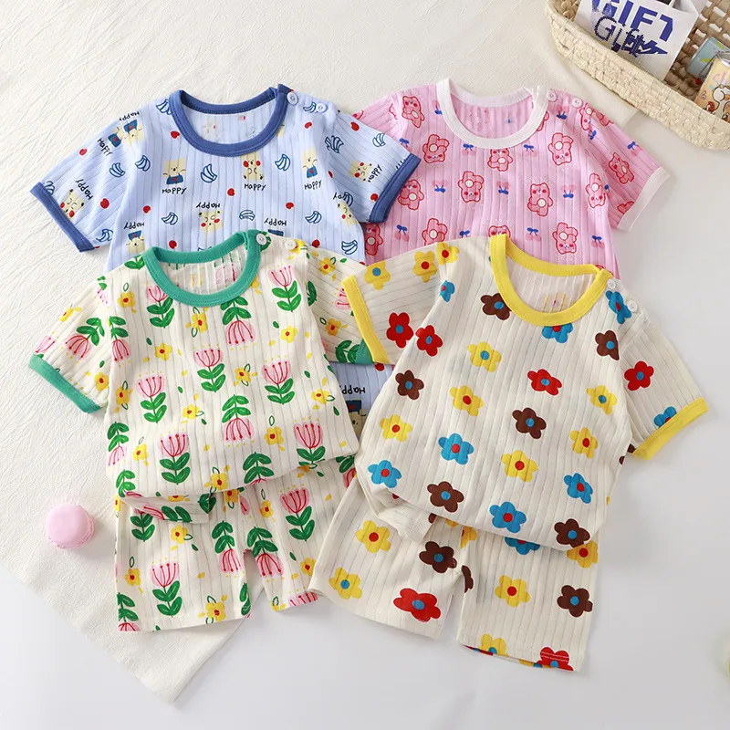 Summer Baby's Short-sleeved Home Clothes Pure Cotton Thin Pajamas Suit Newborn Half-short Top Baby Air-conditioning Clothes Children's Clothing
