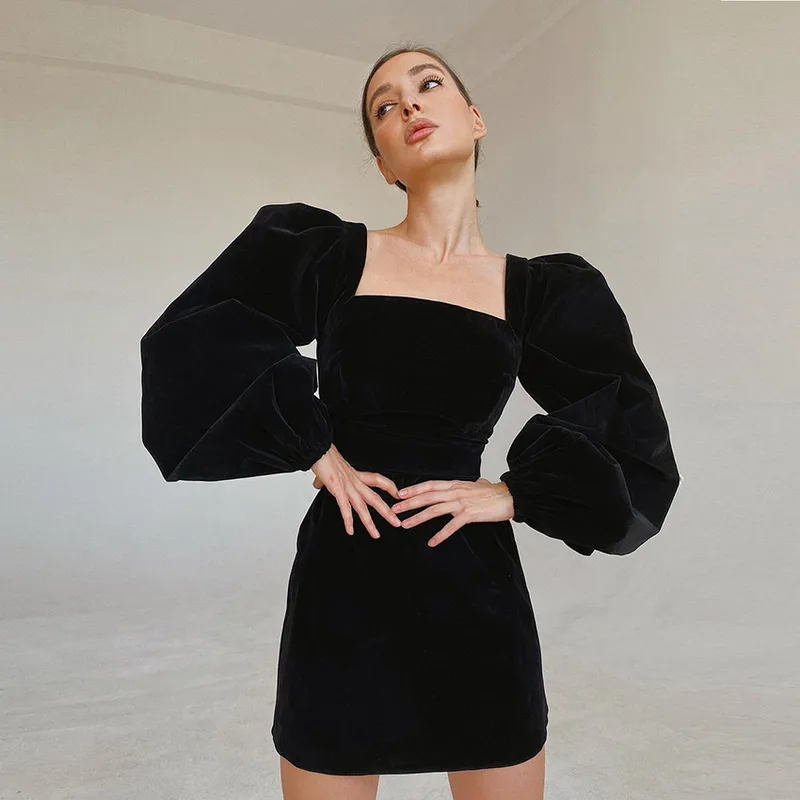 Women's One-Step Skirt Casual Elegant Streetwear Square Neck Long Sleeve Solid Color Above Knee Holiday Banquet Selfie