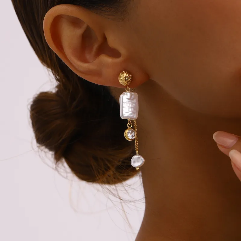 1 Pair Simple Style Classic Style Geometric 304 Stainless Steel Imitation Pearl Zircon Drop Earrings