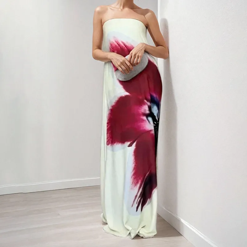 Spring New European Style Printed Halter High Waist Long Dress Elegant Commuter Solid Color Design Sleeveless Ankle Length