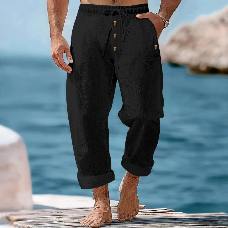Men's Casual Cotton Linen Beach Pants With Drawstring & Button Closure, Loose Fit Spring Autumn American Style Solid Color