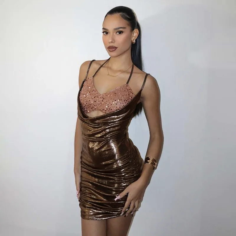 Women's Sheath Dress Sexy Streetwear Halter Neck Sequins 2 In 1 Backless Sleeveless Solid Color Above Knee Party Cocktail Party