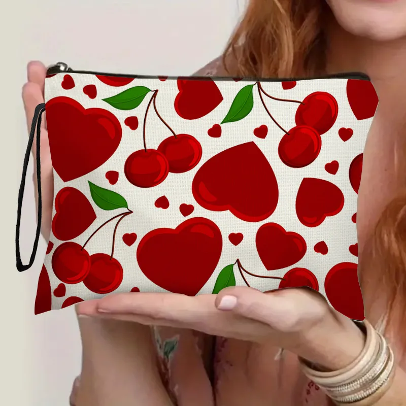 Cute Cherry Heart Shape Polyester Square Makeup Bags