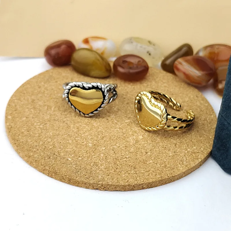 Wholesale Jewelry Retro Heart Shape 304 Stainless Steel Polishing Mixed Metal Open Rings