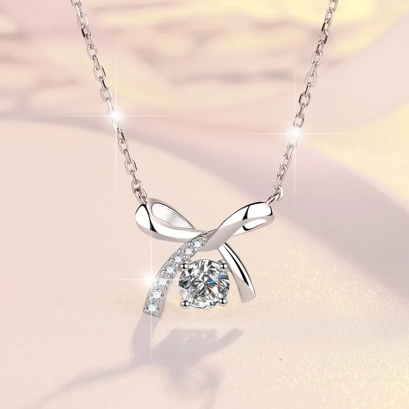 Sterling Silver Elegant Simple Style Bow Knot GRA Plating Moissanite Zircon Pendant Necklace