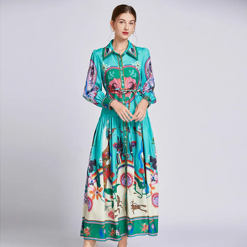 Women's Swing Dress Vintage Style Turndown Printing Long Sleeve Printing Maxi Long Dress Daily
