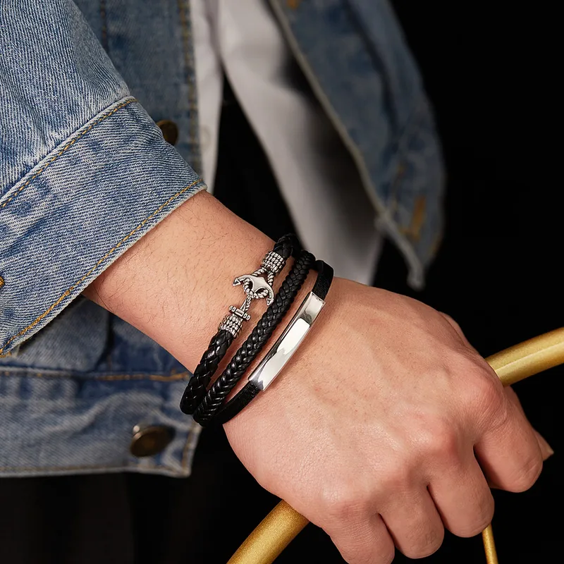 Vintage Style Anchor Pu Leather Alloy Men's Bangle
