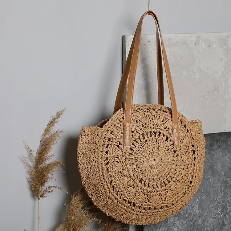 Women's Large Summer Straw Solid Color Vacation Beach Weave Zipper Beach Bag Straw Bag