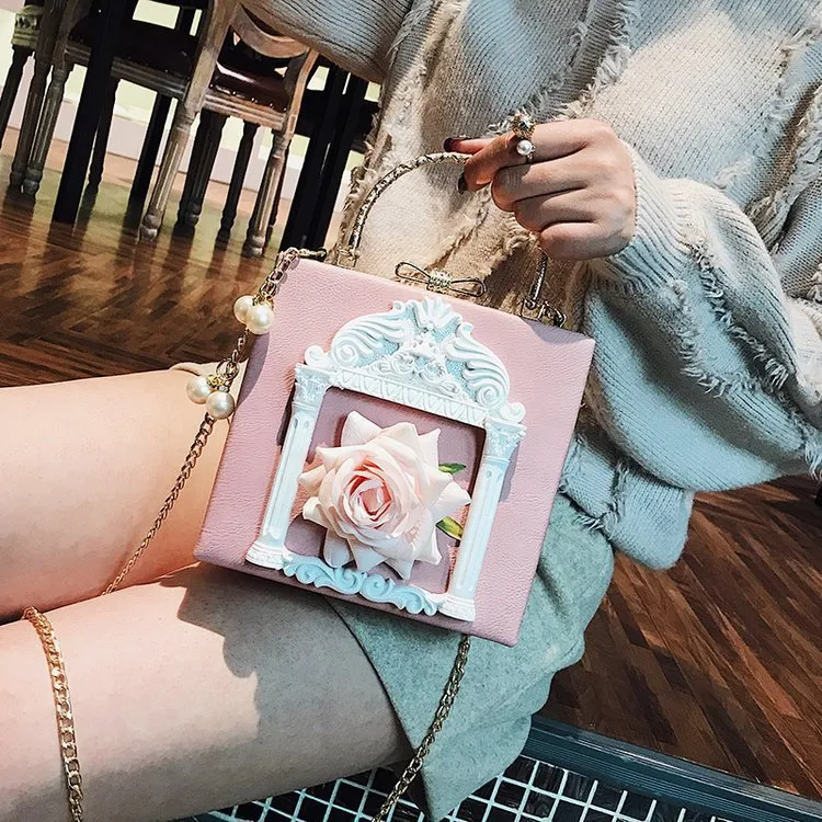 Women's Small Pu Leather Flower Streetwear Pearls Lock Clasp Shoulder Bag