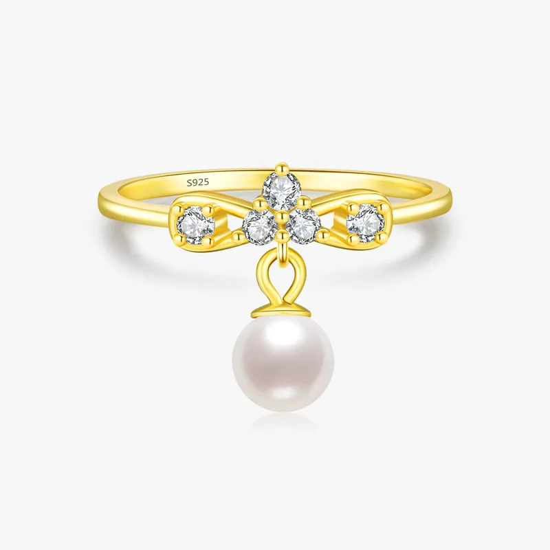 14K Gold Plated 925 Sterling Silver Artificial Pearls Zircon Bow Knot Charm Rings