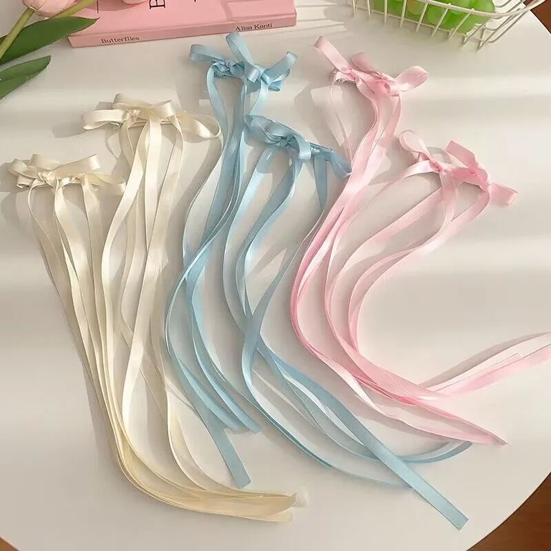 Ballet Style Double Bow Barrettes Korean Long Streamer Sweet Ribbon Braided Hair Headwear Versatile Multi-Color Hairpin