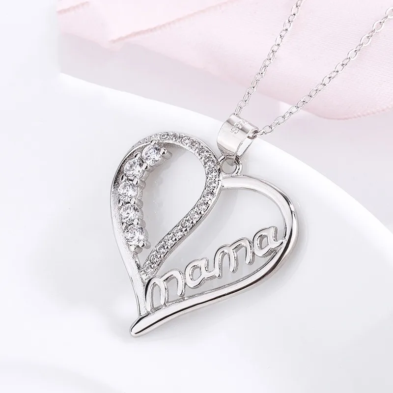 925 Sterling Silver Zircon Cable Chain Hollow Out Inlay Letter Heart Shape Pendant Necklace