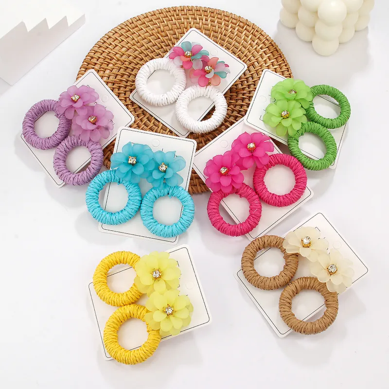 1 Pair Vacation Beach Sweet Circle Flower Arylic Raffia Hoop Earrings