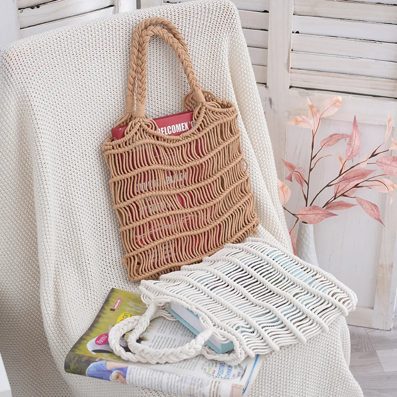 Women's Medium Cotton Solid Color Vacation Beach Hollow Open Handbag